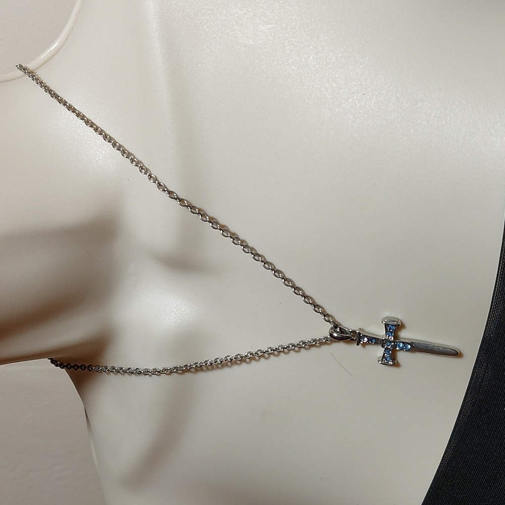 SOLD Blue Rhinestone Nail Shaped Cross Pendant Silver Tone Necklace - Picture 3 of 5